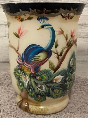 Vintage Hand Painted Peacock Vase Reverse Painting